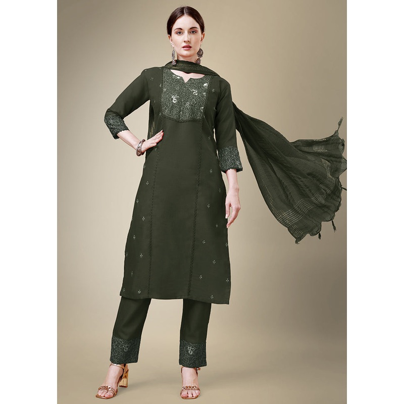 3 Pc Dark Green Readymade Cotton Suit Set - JD986613786