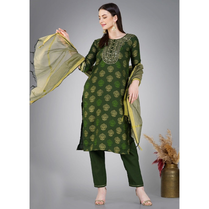 3 Pc Dark Green Readymade Cotton Suit Set - JD986613787