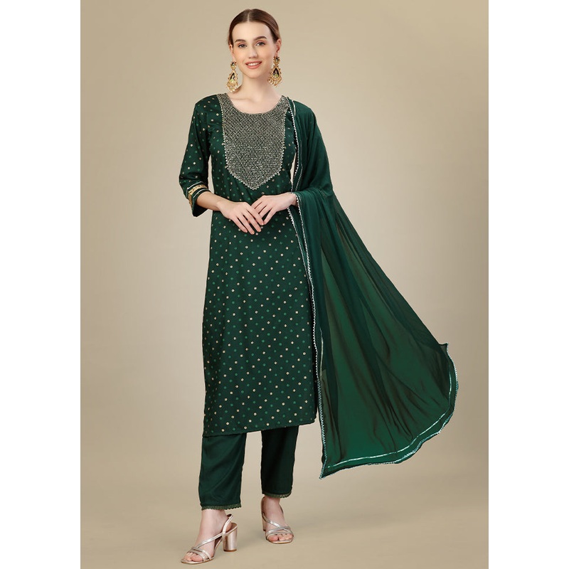 3 Pc Dark Green Readymade Silk Suit Set - JD986613783