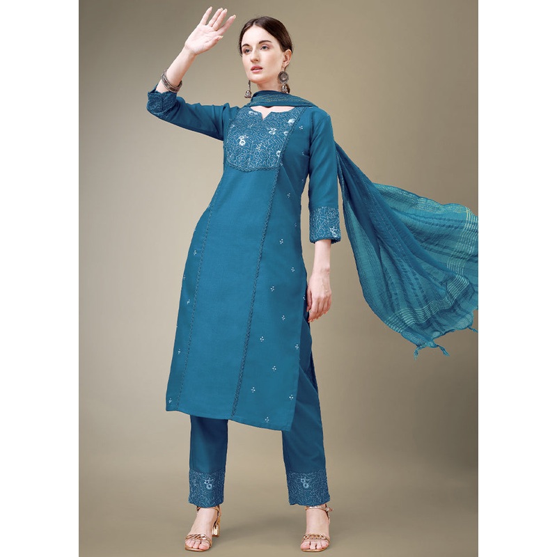 3 Pc Green Readymade Cotton Suit Set - JD986613778
