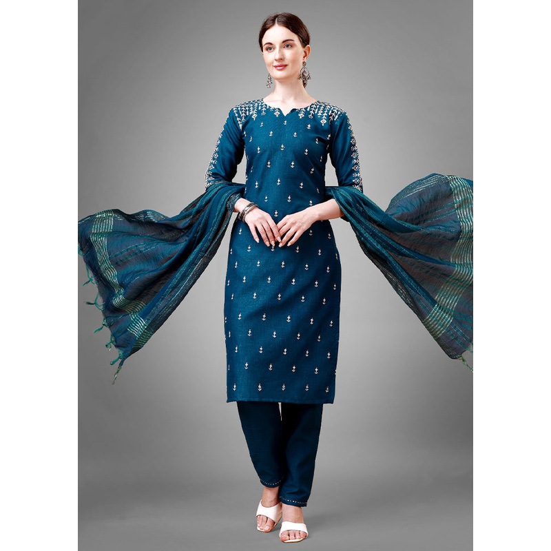 3 Pc Green Readymade Cotton Suit Set - JD986613779