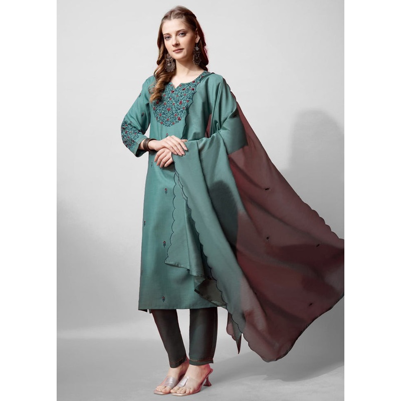 3 Pc Green Readymade Cotton Suit Set - JD986613780