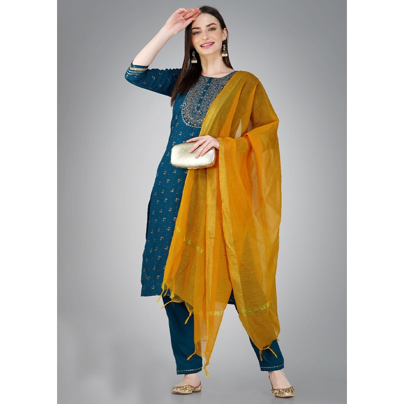 3 Pc Green Readymade Cotton Suit Set - JD986613782