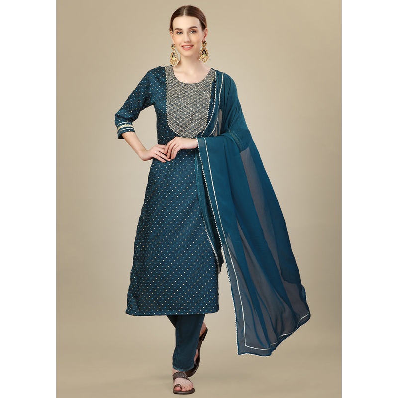 3 Pc Green Readymade Silk Suit Set - JD986613775