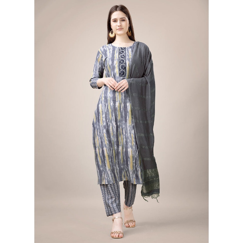 3 Pc Grey Readymade Rayon Suit Set - JD986613774