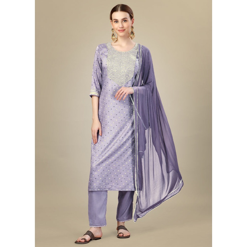 3 Pc Lavender Readymade Silk Suit Set - JD986613773