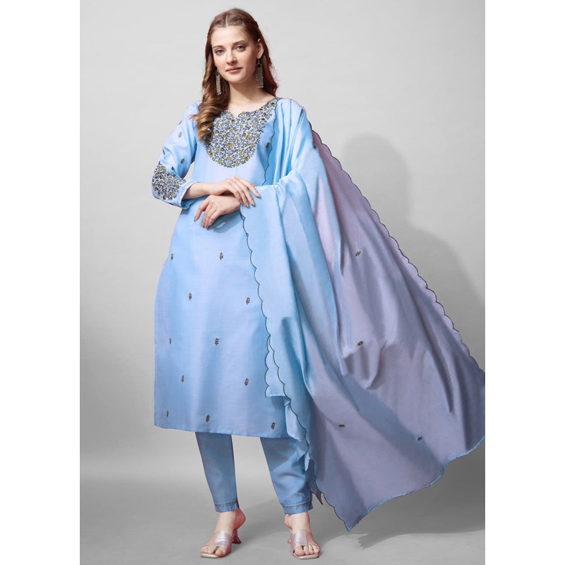 3 Pc Light Blue Readymade Cotton Suit Set - JD986613771