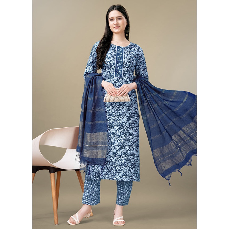 3 Pc Light Blue Readymade Rayon Suit Set - JD986613770