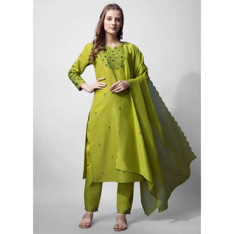 3 Pc Light Green Readymade Cotton Suit Set - JD986613769