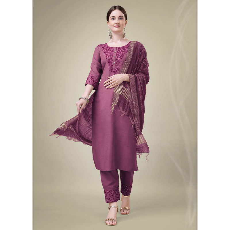 3 Pc Wine Readymade Cotton Suit Set - JD986613708