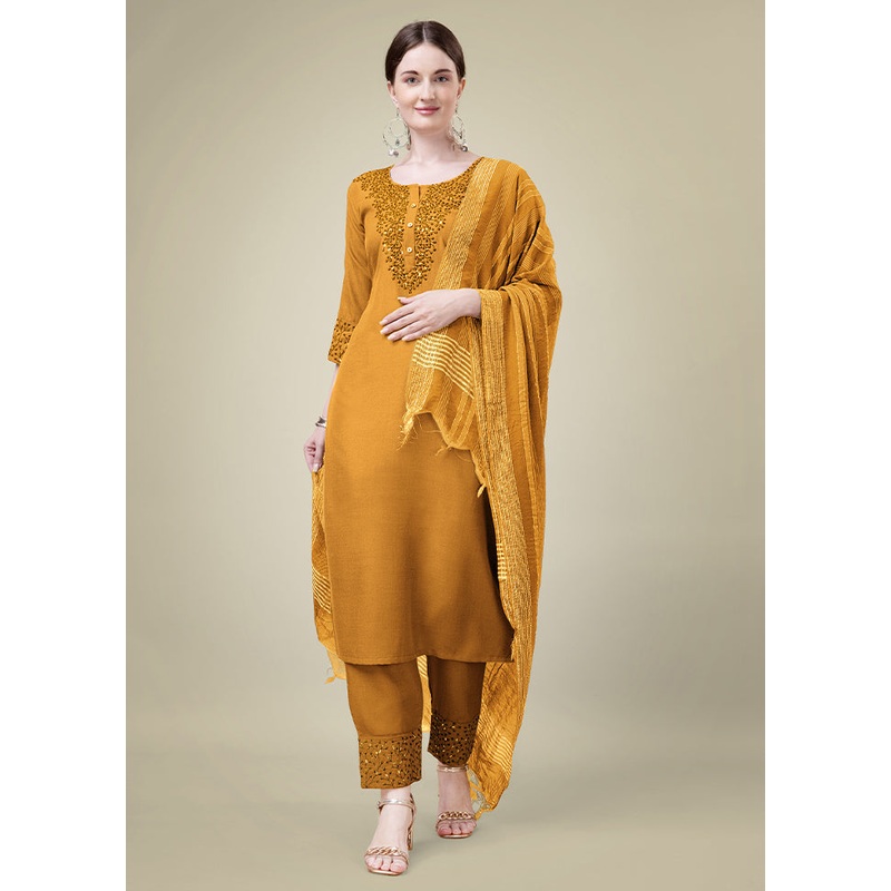3 Pc Yellow Readymade Cotton Suit Set - JD986613704
