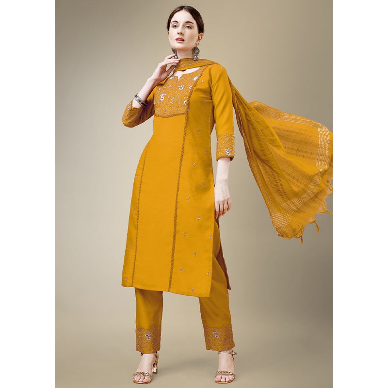 3 Pc Yellow Readymade Cotton Suit Set - JD986613705