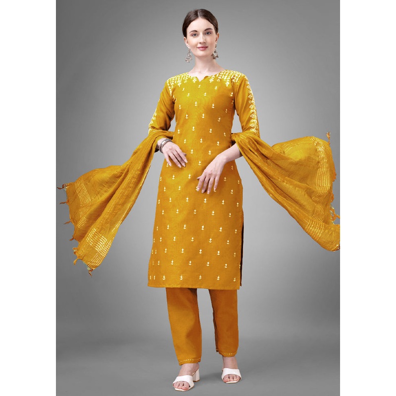 3 Pc Yellow Readymade Cotton Suit Set - JD986613706