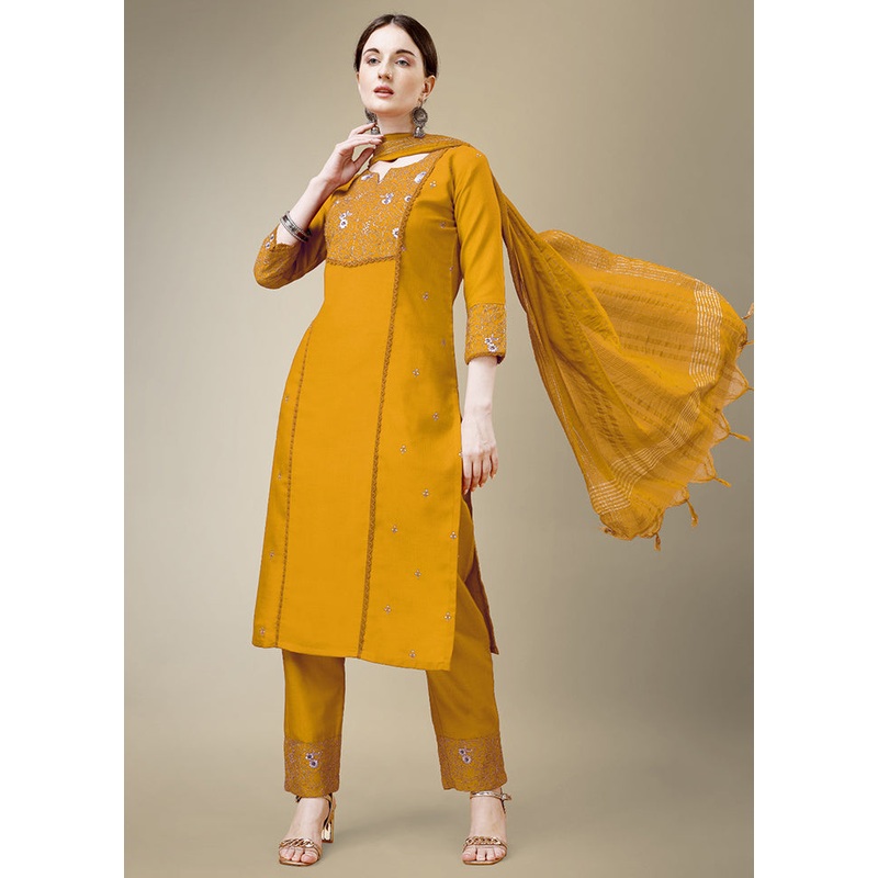 3 Pc Yellow Readymade Cotton Suit Set - JD986613707