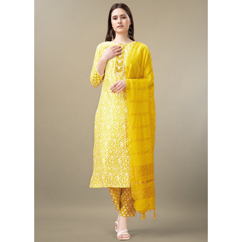 3 Pc Yellow Readymade Rayon Suit Set - JD986613702