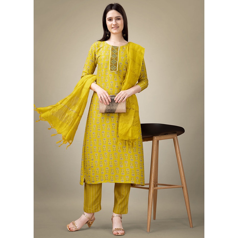 3 Pc Yellow Readymade Rayon Suit Set - JD986613703