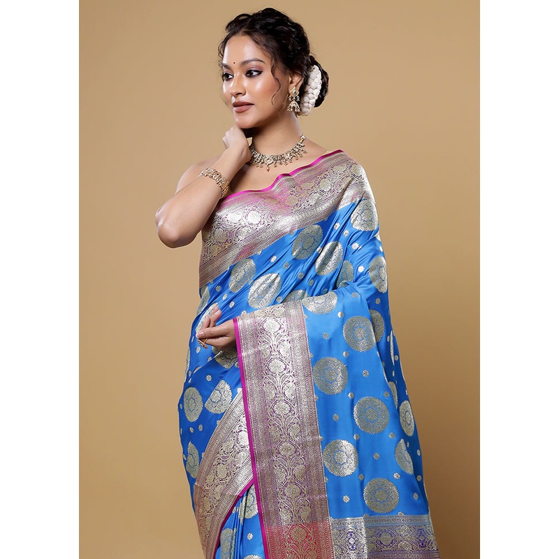 Blue Banarasi Silk Saree With Blouse Piece - JD986613874