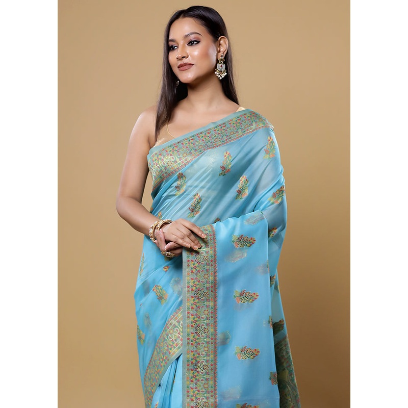Blue Organza Saree With Blouse Piece - JD986613872