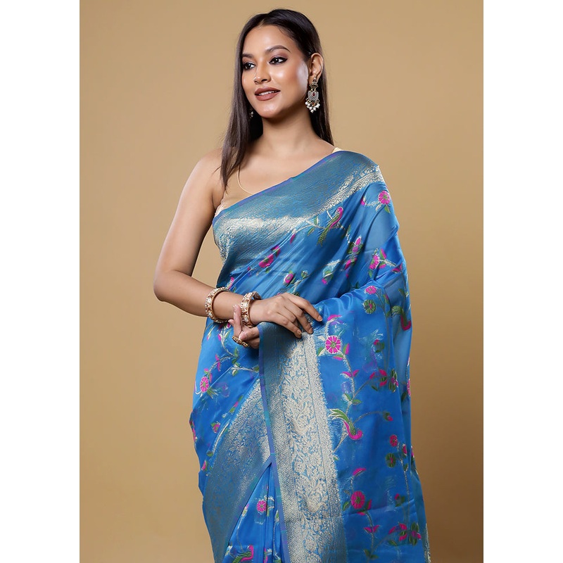 Blue Organza Saree With Blouse Piece - JD986613873