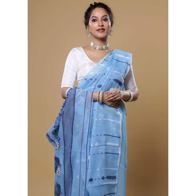 Blue Tant Jamdani Saree Without Blouse Piece - JD986613871