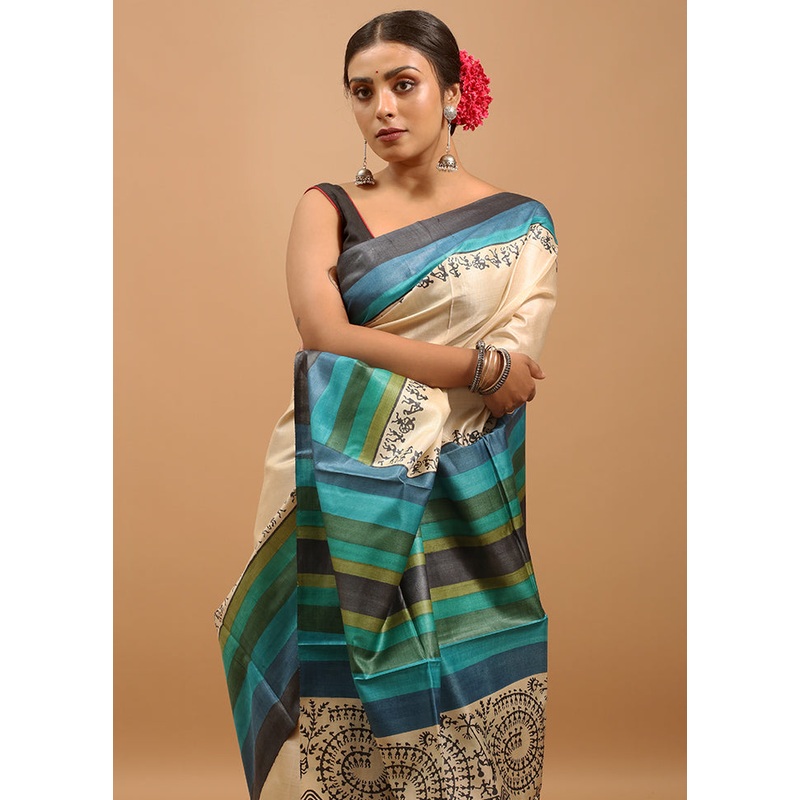 Cream Handloom Tussar Pure Silk Saree With Blouse Piece - JD986613881