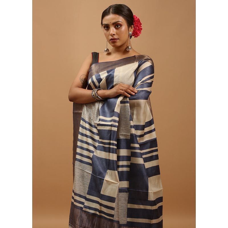 Cream Handloom Tussar Pure Silk Saree With Blouse Piece - JD986613882
