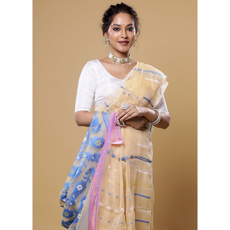 Cream Tant Jamdani Saree Without Blouse Piece - JD986613870