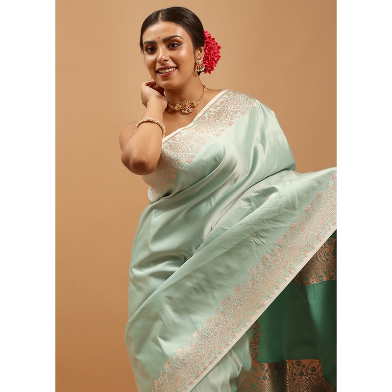 Green Banarasi Silk Saree With Blouse Piece - JD986613880