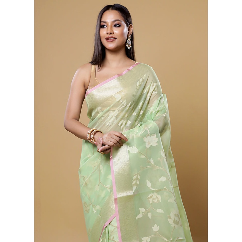 Green Organza Saree With Blouse Piece - JD986613867