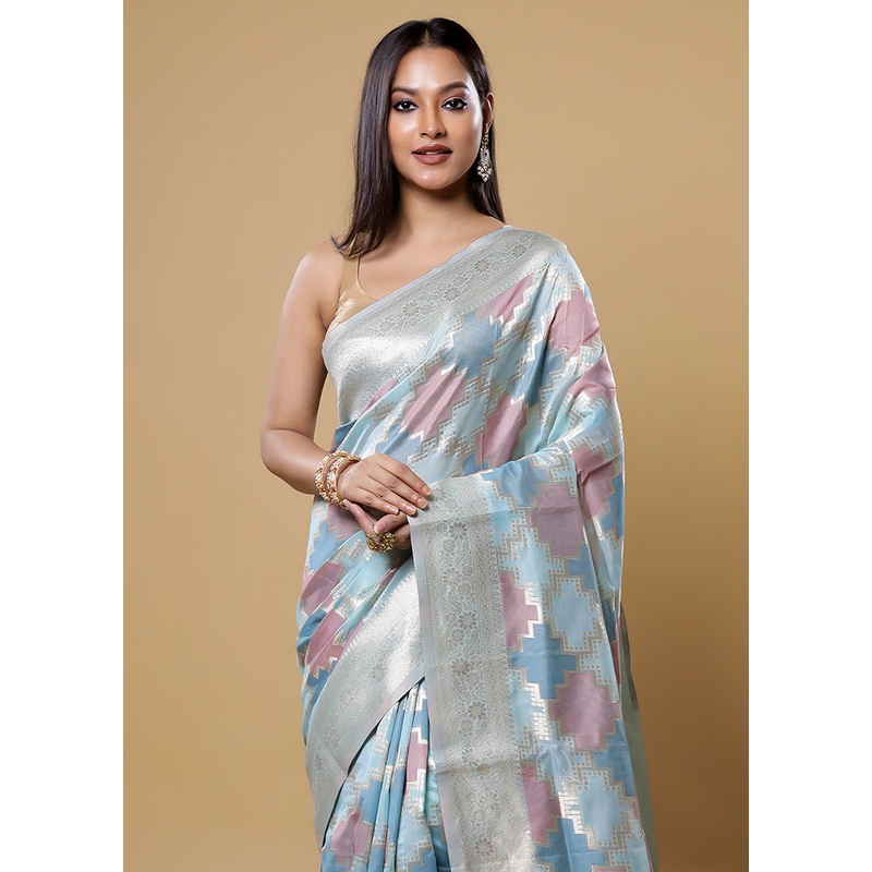 Green Organza Saree With Blouse Piece - JD986613868