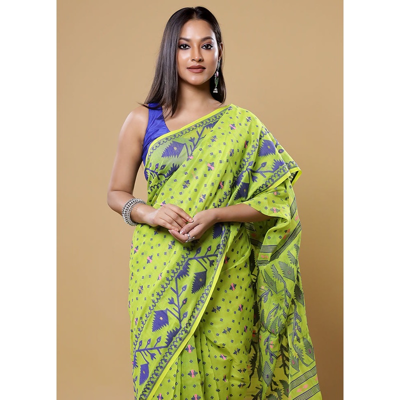 Green Tant Jamdani Saree Without Blouse Piece - JD986613860