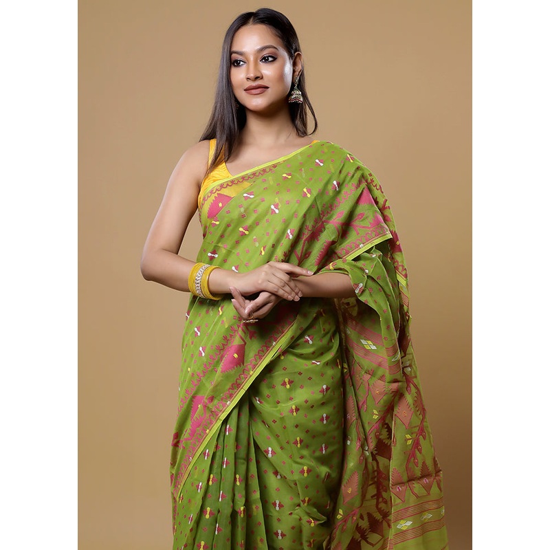 Green Tant Jamdani Saree Without Blouse Piece - JD986613861