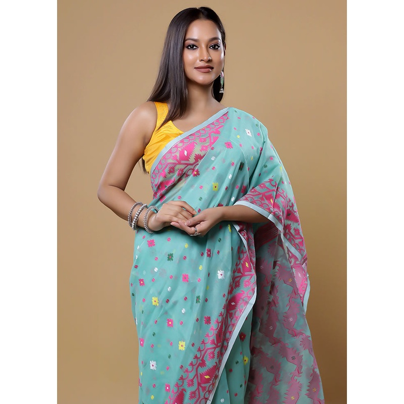 Green Tant Jamdani Saree Without Blouse Piece - JD986613862