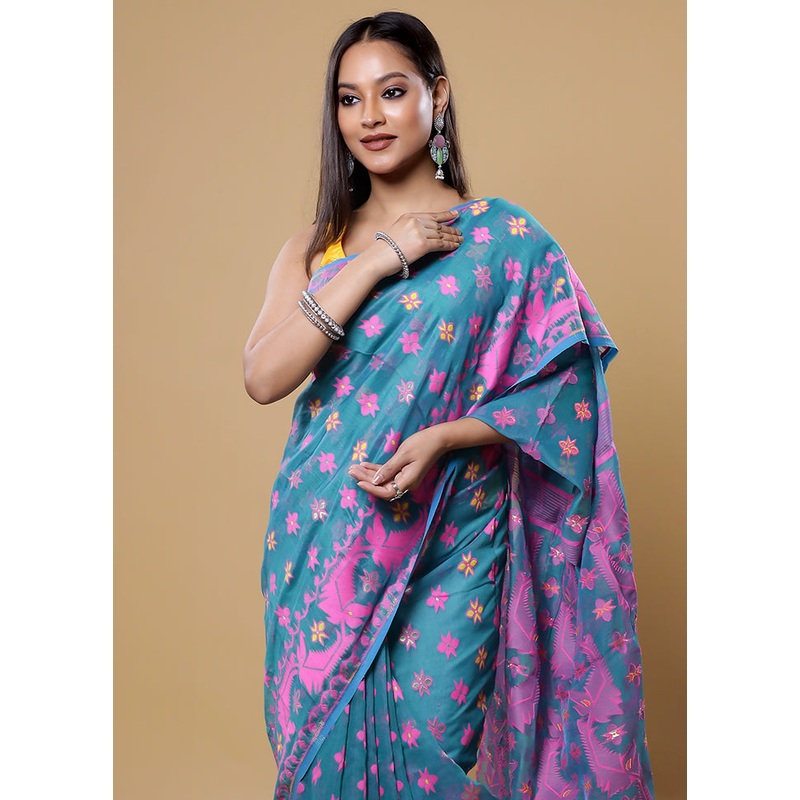 Green Tant Jamdani Saree Without Blouse Piece - JD986613863