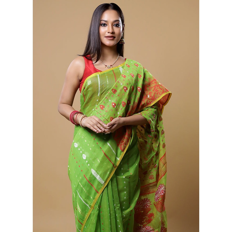 Green Tant Jamdani Saree Without Blouse Piece - JD986613864