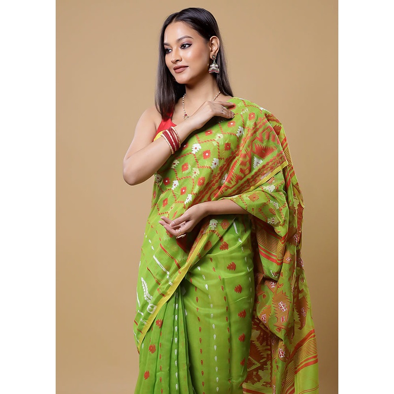 Green Tant Jamdani Saree Without Blouse Piece - JD986613865
