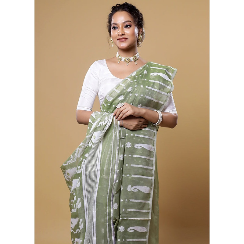 Green Tant Jamdani Saree Without Blouse Piece - JD986613866