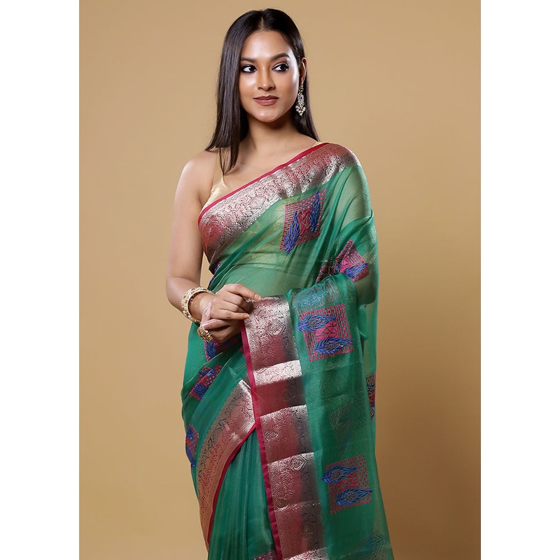 Green Tissue Silk Saree With Blouse Piece - JD986613859