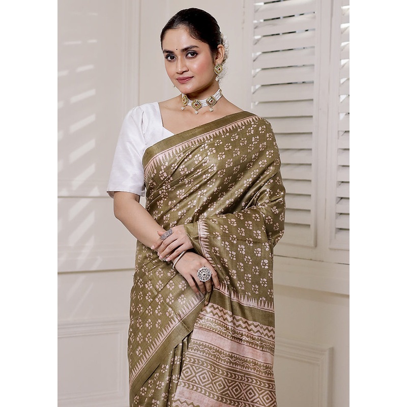 Green Tussar Silk Saree With Blouse Piece - JD986613896