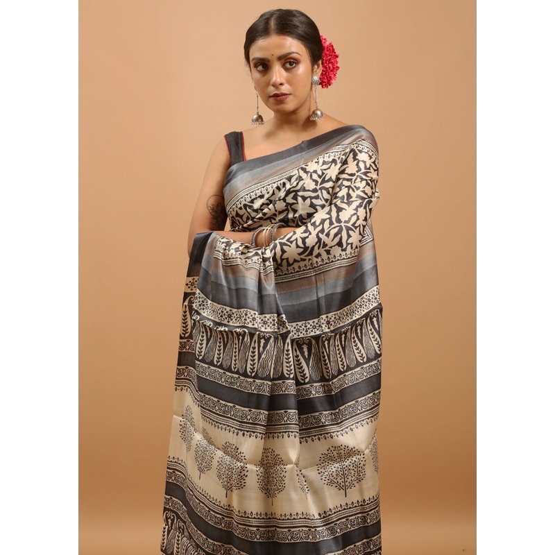 Grey Handloom Tussar Pure Silk Saree With Blouse Piece - JD986613879