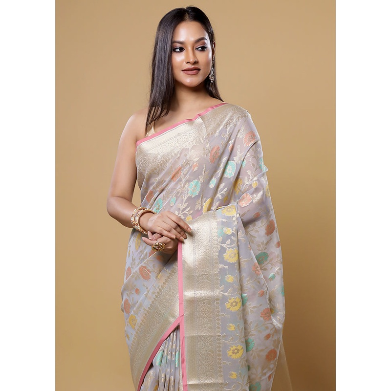 Grey Organza Saree With Blouse Piece - JD986613856
