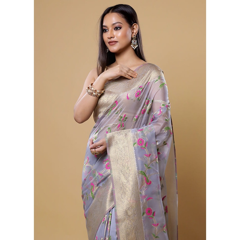 Grey Organza Saree With Blouse Piece - JD986613857