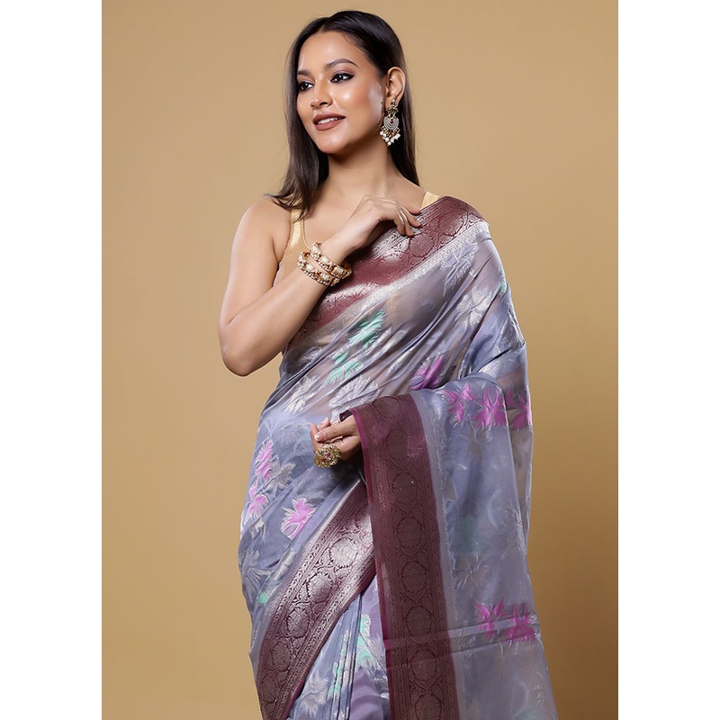 Grey Organza Saree With Blouse Piece - JD986613858