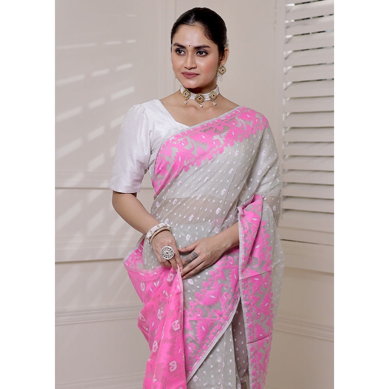 Grey Tant Jamdani Saree Without Blouse Piece - JD986613893