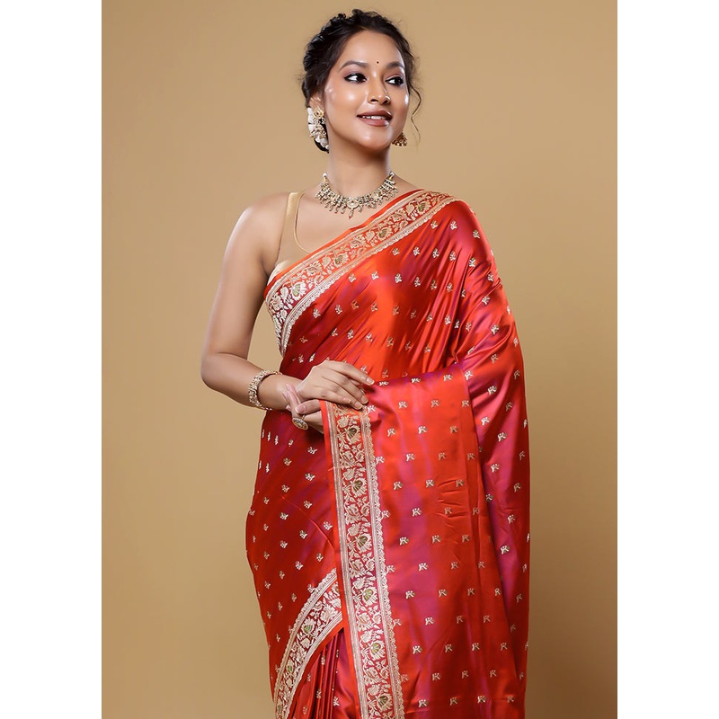 Orange Handloom Banarasi Pure Silk Saree With Blouse Piece - JD986613855