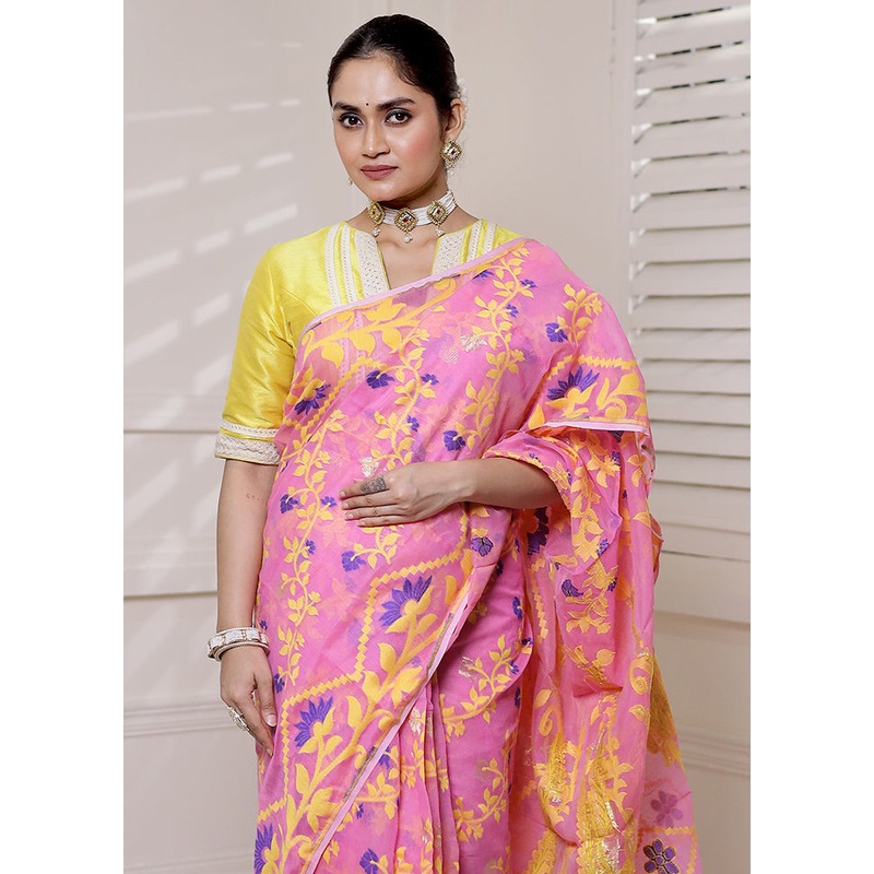 Pink Tant Jamdani Saree Without Blouse Piece - JD986613888