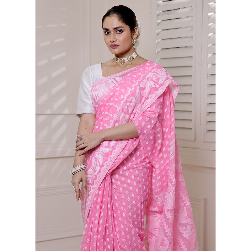 Pink Tant Jamdani Saree Without Blouse Piece - JD986613889
