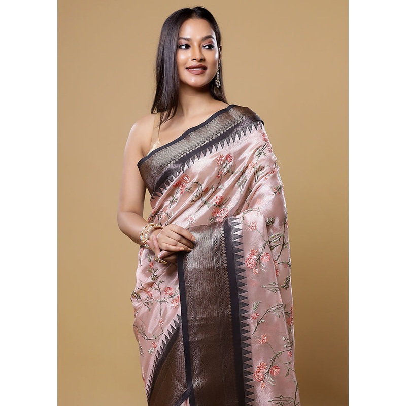 Pink Tissue Silk Saree With Blouse Piece - JD986613848