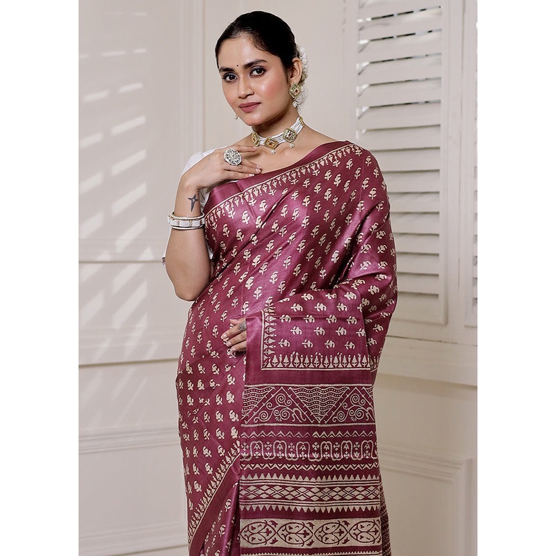 Pink Tussar Silk Saree With Blouse Piece - JD986613887