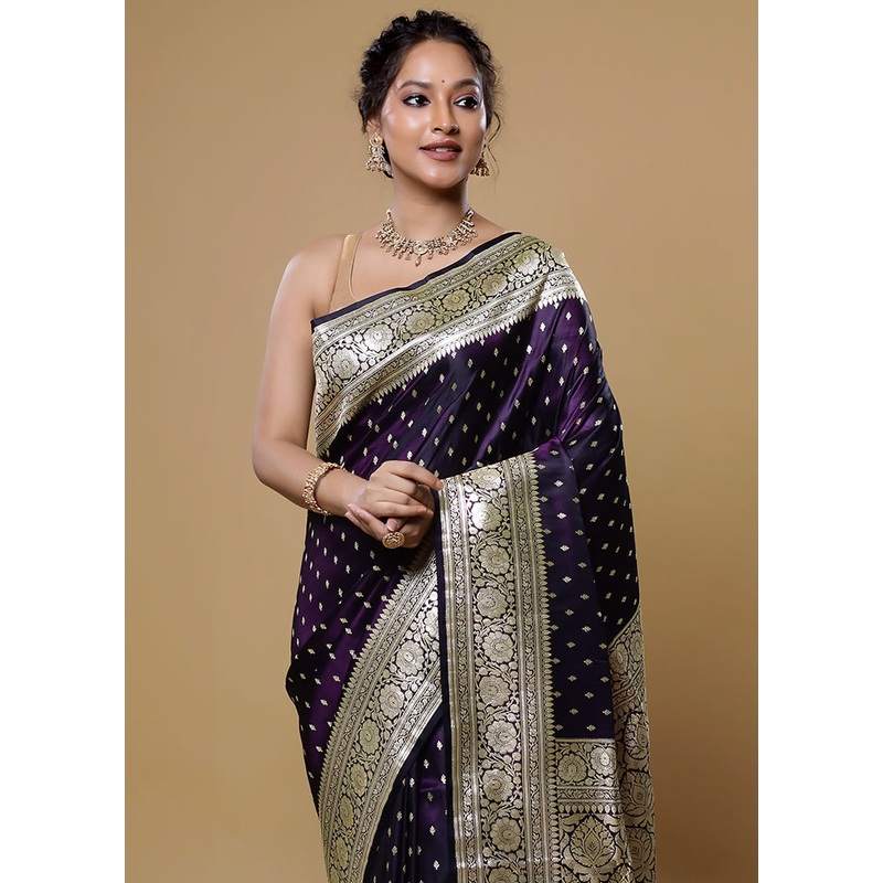 Purple Handloom Banarasi Pure Silk Saree With Blouse Piece - JD986613847